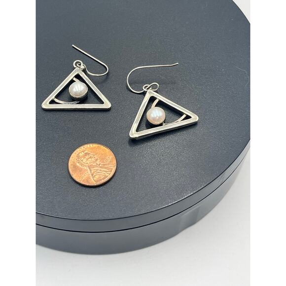 Sterling Silver Triangle 6-7mm Cultured Pearls Modern Geometric Drop Earrings - Picture 4 of 8